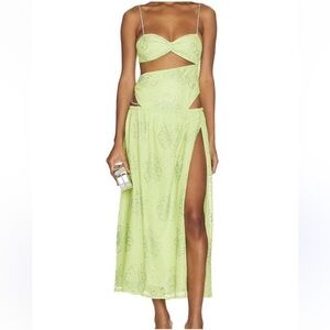 For Love and Lemons Anna Maxi Dress Green Daisy Embroidered Diamonds
